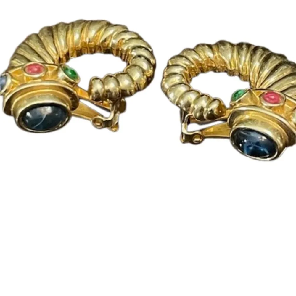 Vintage Glass Cabochon Rams Horn Gold Tone Mogul Style Clip On Earrings